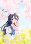  1girl bangs birthday blue_hair blush cherry_blossoms dated flower happy_birthday hat highres holding holding_flower long_hair long_sleeves looking_at_viewer love_live! love_live!_school_idol_project open_mouth outdoors smile solo sonoda_umi standing suito swept_bangs yellow_eyes 