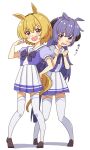  2girls :d absurdres animal_ears ao_(flowerclasse) bangs black_bow blonde_hair blush bow brown_footwear commentary_request cosplay curled_horns eyebrows_visible_through_hair fang hair_between_eyes hands_up hanyuu highres higurashi_no_naku_koro_ni horns horse_ears horse_girl horse_tail houjou_satoko kemonomimi_mode loafers long_hair multiple_girls pleated_skirt puffy_short_sleeves puffy_sleeves purple_eyes purple_hair purple_shirt red_eyes school_uniform shadow shirt shoes short_hair short_sleeves skirt smile standing tail thighhighs tracen_school_uniform translation_request umamusume very_long_hair wavy_hair white_background white_legwear white_skirt 