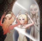  blonde_hair blue_eyes blue_hair breasts bridal_gauntlets cape cleavage cleavage_cutout clothing_cutout darthmarth3 detached_sleeves different_reflection dress drill_hair emmeryn_(fire_emblem) facial_mark fire_emblem fire_emblem_awakening forehead_mark gloves hair_down headpiece holding lissa_(fire_emblem) long_hair mirror multiple_girls reflection see-through siblings sisters smile tears 