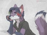  2022 5_fingers anthro blck_hair canid canine clothed clothing digital_media_(artwork) fingers fox fur koul male mammal purple_body purple_fur solo white_body white_fur 