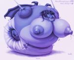  ambiguous_species anthro bdsm berry_juice big_diaper blueberry_inflation blush bodily_fluids body_inflation bondage bound diaper female gag hi_res immobile inflation lactating leather_straps monster nipples pacifier pacifier_gag puffy_nipples solo weewizzylizzy wings 