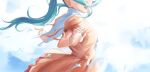  1girl absurdres blue_hair commentary_request day dress head_out_of_frame highres long_hair monogatari_(series) nemo_ringo ononoki_yotsugi open_mouth orange_dress outdoors short_sleeves smile solo twintails upper_body 