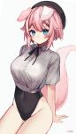  1girl absurdres animal_ears arm_support artist_name blue_eyes breasts commentary covered_navel cowboy_shot dog_ears dog_girl dog_tail english_commentary hair_between_eyes highres leotard looking_at_viewer medium_breasts pink_hair short_hair short_sleeves simple_background solo tail twitter_username virtual_youtuber vyugen watermark white_background yuniiho yuniiho_(vtuber) 