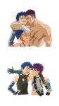  ^_^ abs absurdres arm_around_shoulder bandages biceps blue_hair bodypaint bracelet closed_eyes collarbone cu_chulainn_(fate) cu_chulainn_(fate/stay_night) detached_sleeves earrings fate/grand_order fate_(series) fergus_mac_roich_(fate) fergus_mac_roich_(young)_(fate) gloves grin hand_on_hip highres jewelry male_focus multiple_boys multiple_views muscular muscular_male navel pectorals ponytail purple_hair scar scar_on_chest shirt shitakawa simple_background skin_tight sleeveless sleeveless_shirt smile spiked_hair younger 