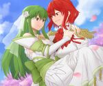  2girls bangs bridal_veil carrying crossdressing dress ebinku fire_emblem fire_emblem:_mystery_of_the_emblem fire_emblem:_shadow_dragon formal gloves green_eyes green_hair hair_between_eyes highres minerva_(fire_emblem) multiple_girls palla_(fire_emblem) princess_carry red_eyes red_hair sleeveless sleeveless_dress smile suit tuxedo veil wedding wedding_dress white_dress white_gloves white_suit wife_and_wife yuri 