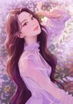  breasts brown_eyes dress flower head_tilt k-pop long_hair looking_at_viewer medium_breasts open_hand purple_dress purple_flower real_life seeun_(stayc) smile soorin stayc upper_body very_long_hair 