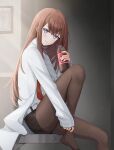  1girl absurdres bangs black_shorts blue_eyes blush brown_hair brown_legwear dress_shirt highres hyosi knees_to_chest long_hair looking_at_viewer makise_kurisu necktie pantyhose red_necktie shirt shorts solo steins;gate sunlight white_shirt 