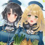  2girls asparagus atago_(kancolle) bamboo_shoot bangs basket beret black_gloves black_hair blonde_hair blue_headwear blush breasts eyebrows_visible_through_hair food fur_collar gloves green_eyes hat hatomaru_(hatomaru56) holding holding_basket kantai_collection large_breasts long_hair multiple_girls open_mouth red_eyes simple_background smile takao_(kancolle) vegetable 