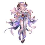 1girl alpha_transparency bangs bare_shoulders black_bow blue_eyes blush bow breasts bug butterfly draph flower full_body geta granblue_fantasy hair_bow hair_flower hair_ornament hair_over_one_eye horns japanese_clothes kimono large_breasts light_purple_hair long_hair long_sleeves looking_at_viewer minaba_hideo narmaya_(granblue_fantasy) obi official_art one_eye_covered open_mouth pointy_ears ponytail purple_flower sash shoes smile solo standing tabi transparent_background wide_sleeves yukata 