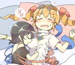  bed black_hair blush bracelet breast_sucking breast_sucking_through_clothes drill_hair eyewear_on_head groping hand_under_clothes hand_under_shirt houjuu_nue jewelry matsu_kitsune necklace ribbon shirt sleep_molestation sleeping sunglasses touhou yorigami_jo&#039;on yuri 