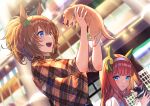  2girls animal animal_ears bangs blue_eyes brown_hair brown_shirt dog_ears dutch_angle ear_covers hair_ornament hairband holding holding_animal horse_ears lens_flare lips multiple_girls open_mouth orange_eyes plaid plaid_shirt shirt sideways_mouth silence_suzuka_(umamusume) sleeves_rolled_up smile sparkle star_(symbol) star_hair_ornament taiki_shuttle_(umamusume) tongue umamusume unowen upper_body 