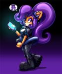  activision annoyed anthro bandicoot big_breasts blue_lipstick boots breasts cellphone clothing coco_bandicoot crash_bandicoot_(series) ear_piercing evil_coco eyeshadow fan_character female footwear goth hair hi_res human inflatable lipstick looking_at_viewer makeup mammal marsupial mascot phone piercing plantigrade purple_eyes purple_hair redflare500 rubber rubber_clothing rubber_suit smartphone solo video_games 