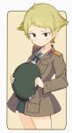  1girl black_bow blonde_hair blouse blush bow brown_eyes brown_jacket cowboy_shot erwin_(girls_und_panzer) girls_und_panzer green_skirt hat headwear_removed holding holding_clothes holding_hat jacket long_sleeves military_jacket ooarai_school_uniform open_clothes open_jacket pleated_skirt pointy_hair sailor_collar school_uniform short_hair skirt solo tanuki_noyama white_blouse white_sailor_collar 