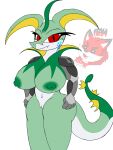  2022 3:4 alpha_channel anthro big_breasts breasts digital_drawing_(artwork) digital_media_(artwork) female flamberry_(artist) genitals green_body hi_res huge_breasts long_ears looking_at_viewer mechanical_arm nintendo nipples nude pok&eacute;mon pok&eacute;mon_(species) pussy red_eyes reptile scalie serpentine serperior smile solo video_games watermark white_body 