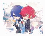  2boys backpack bag belt black_jacket black_pants blue_eyes blue_hair blue_necktie blurry blurry_background brown_belt burger chibi collared_shirt cup disposable_cup dress_shirt drink drinking_straw ear_piercing food hair_over_one_eye holding holding_cup holding_drink holding_food jacket long_sleeves male_focus multiple_boys necktie open_clothes open_jacket open_mouth original pants piercing red_eyes red_hair shirt short_hair standing teeth upper_teeth walking white_bag white_shirt yusa_(yusa0751) 