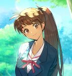  1girl absurdres arms_behind_back bangs blue_jacket brown_eyes brown_hair character_request closed_mouth commentary_request day eyebrows_visible_through_hair hide_(hideout) highres jacket long_hair looking_at_viewer neck_ribbon outdoors ponytail red_ribbon ribbon school_uniform shirt smile solo tree true_love_story upper_body white_shirt 