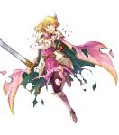  1girl armor artist_request bangs black_legwear blonde_hair blue_eyes breastplate cape dress elbow_gloves fire_emblem fire_emblem:_thracia_776 fire_emblem_heroes full_body gloves greaves highres holding holding_sword holding_weapon nanna_(fire_emblem) non-web_source official_art one_eye_closed open_mouth pauldrons pink_cape pink_dress short_hair shoulder_armor solo staff sword thighhighs torn_cape torn_clothes torn_legwear transparent_background weapon white_gloves wing_hair_ornament 