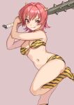  1girl :p animal_print arms_up bikini breasts club_(weapon) cosplay holding holding_weapon horns kantai_collection kinu_(kancolle) kneehighs lum lum_(cosplay) medium_breasts mitsuyo_(mituyo324) pink_background red_eyes red_hair short_hair simple_background solo spiked_club strapless strapless_bikini swimsuit tiger_print tongue tongue_out urusei_yatsura weapon 