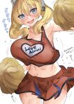  1girl @_@ alternate_costume alternate_hairstyle bangs blonde_hair blue_eyes blush breasts cheerleader clothes_writing colorado_(kancolle) commentary_request crop_top eyebrows_visible_through_hair hair_between_eyes headgear heart highres huge_breasts kantai_collection mizuta_kenji one-hour_drawing_challenge open_mouth pleated_skirt pom_pom_(cheerleading) simple_background skirt sleeveless solo sweat translation_request twintails twitter_username wavy_mouth white_background 