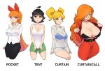  4girls absurdres arms_behind_back bangs belt black_belt black_bra black_eyes black_hair black_pants blonde_hair blossom_(ppg) blue_bra blue_eyes blue_panties blunt_bangs bra breasts bright_pupils bubbles_(ppg) buttercup_(ppg) choker cleavage collared_shirt cowboy_shot cropped_legs curtain_call_challenge english_text green_eyes green_shorts hair_over_one_eye highres huge_breasts jacket large_breasts long_hair medium_hair multiple_girls orange_hair panties pants pink_eyes powerpuff_girls red_jacket red_skirt sara_bellum satelyte_art see-through_shirt shirt short_hair shorts simple_background skirt tank_top taut_clothes taut_shirt twintails underwear very_long_hair white_background white_pupils white_shirt white_tank_top 