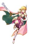  1girl armor artist_request bangs black_legwear blonde_hair blue_eyes breastplate cape dress elbow_gloves fire_emblem fire_emblem:_thracia_776 fire_emblem_heroes full_body gloves greaves highres holding holding_sword holding_weapon nanna_(fire_emblem) non-web_source official_art open_mouth pauldrons pink_cape pink_dress short_hair shoulder_armor solo sword thighhighs transparent_background weapon white_gloves wing_hair_ornament 