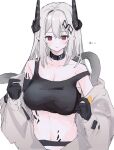  1girl arknights black_gloves blush breasts cleavage demon_horns ear_piercing eyebrows_visible_through_hair gloves grey_hair hair_between_eyes hair_ornament hands_up highres horns kohaku_sogo large_breasts long_hair midriff mudrock_(arknights) navel open_bodysuit oripathy_lesion_(arknights) parted_lips piercing pointy_ears red_eyes simple_background solo strap_slip sweat upper_body white_background white_footwear 