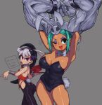  2girls armpits arms_up black_eyes black_legwear black_leotard bow bowtie breasts cerebella_(skullgirls) cleavage cowboy_shot dark-skinned_female dark_skin detached_collar eyeshadow fake_tail feng_(skullgirls) grey_background highres large_breasts leotard makeup multiple_girls one_eye_closed pantyhose playboy_bunny purple_eyeshadow rabbit_tail simple_background skullgirls speech_bubble tail vice-versa_(skullgirls) waa153 white_bow white_bowtie 