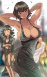  1boy 2girls arachnart armpits arms_behind_head bangs bare_arms bare_shoulders black_dress black_hair breasts cape cleavage closed_mouth collarbone covered_nipples cowboy_shot dress eyebrows_visible_through_hair fubuki_(one-punch_man) green_eyes green_hair highres large_breasts looking_at_viewer mixed-language_commentary multiple_girls one-punch_man outdoors saitama_(one-punch_man) sideboob standing tatsumaki tight tight_dress torn_clothes 