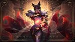  1girl ahri_(league_of_legends) artist_request bracelet building capelet card card_(medium) column crescent dress earrings elbow_gloves fox_girl fox_tail gem gloves highres jewelry league_of_legends light mask moon_phases official_art pillar purple_hair red_fur smile solo stud_earrings tail tarot the_moon_(tarot) 