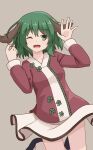  1girl ;d afensorm animal_ears arms_up bangs blush cowboy_shot dog_ears dress eyebrows_visible_through_hair fang feet_up green_eyes green_hair grey_background hair_between_eyes hands_up highres kasodani_kyouko knees_out_of_frame long_sleeves looking_at_viewer one-hour_drawing_challenge one_eye_closed open_mouth short_dress simple_background smile solo touhou 
