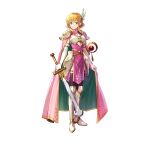  1girl absurdres armor artist_request bangs black_legwear blonde_hair blue_eyes breastplate cape commentary_request dress elbow_gloves fire_emblem fire_emblem:_thracia_776 fire_emblem_heroes full_body gloves greaves highres holding holding_sword holding_weapon looking_at_viewer nanna_(fire_emblem) official_art pauldrons pink_cape pink_dress short_hair shoulder_armor simple_background smile solo standing sword thighhighs weapon white_background white_gloves wing_hair_ornament 