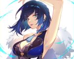  1girl arm_up armpits black_bodysuit black_hair blue_bodysuit blue_hair blue_lips bob_cut bodysuit breasts cleavage commentary earrings english_commentary eyebrows_visible_through_hair eyeshadow feather_collar feather_trim genshin_impact gradient_eyes gradient_hair green_eyes jacket jacket_on_shoulders jesse_(pixiv34586727) jewelry large_breasts lipstick looking_at_viewer makeup mole mole_on_breast multicolored_eyes multicolored_hair parted_lips presenting_armpit short_hair sleeveless solo tassel tassel_choker water white_background white_feathers white_jacket yelan_(genshin_impact) yellow_eyes 
