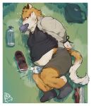  2022 absurd_res anthro belly big_belly bound clothing detailed_background felid hi_res humanoid_hands kemono lying male mammal milk overweight overweight_male piero03432812 shirt solo suggestive topwear 