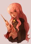  1girl cape highres holding holding_wand long_hair looking_at_viewer louise_francoise_le_blanc_de_la_valliere nasubin_(user_tjyp5584) open_mouth pentacle pink_eyes pink_hair simple_background skirt solo wand zero_no_tsukaima 