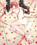  1boy 1girl absurdres ahoge ankle_strap bound breasts card dress ellias_ainsworth green_eyes hair_over_eyes hatori_chise high_heels highres lying mahou_tsukai_no_yome on_back on_floor out_of_frame petals red_hair red_ribbon ribbon ribbon_bondage rose_petals short_hair sieben_7 small_breasts solo_focus strapless strapless_dress 