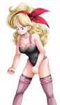  1girl blonde_hair blue_eyes clenched_hands curly_hair dragon_ball dragon_ball_(classic) feet_out_of_frame frills hair_ribbon hairband highres leotard lingerie long_hair lunch_(dragon_ball) red_hairband red_ribbon ribbon simple_background solo thighhighs underwear white_background youngjijii 