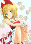  1girl arm_wrap blonde_hair blue_eyes hairband highres irida_(pokemon) jewelry knees looking_at_viewer masuda_(agga) neck_ring pokemon pokemon_(game) pokemon_legends:_arceus red_hairband red_shirt shirt short_hair shorts solo strapless strapless_shirt waist_cape white_shorts 