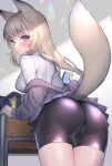  1girl absurdres animal_ears ass ass_focus bent_over bike_shorts blonde_hair blue_eyes blush breasts cameltoe fox_ears fox_girl fox_tail from_behind highres hitowa leaning_forward looking_at_viewer looking_back original skin_tight skirt smile solo spandex tail thigh_gap thighs turning_head upskirt 