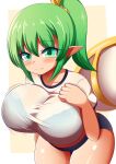  bangs bouncing_breasts bow breasts daiyousei fairy_wings green_eyes green_hair hair_bow hair_ribbon highres large_breasts oppai_loli pointy_ears ponytail ribbon see-through short_hair side_ponytail sportswear touhou wings xialu_zajin yellow_bow yellow_ribbon 