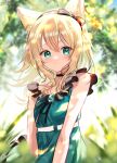  1girl absurdres animal_ear_fluff animal_ears arknights bangs bare_arms bare_shoulders black_bow black_hairband blonde_hair blurry blurry_background blurry_foreground bow closed_mouth commentary_request day depth_of_field dog_ears dress eyebrows_visible_through_hair green_dress green_eyes hair_between_eyes hair_bow hairband highres looking_at_viewer onasu_(nasubinari) outdoors podenco_(arknights) podenco_(wake_up_from_a_nap)_(arknights) sleeveless sleeveless_dress smile solo 