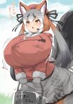  1girl animal_ears breasts fox_ears fox_girl fox_tail ginzake_(mizuumi) gloves huge_breasts island_fox_(kemono_friends) kemono_friends kemono_friends_v_project large_breasts long_hair looking_at_viewer multicolored_hair necktie shirt silver_hair skirt solo tail twintails virtual_youtuber 