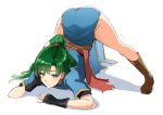  1girl absurdres ass bangs black_gloves blush dress earrings fingerless_gloves fire_emblem fire_emblem:_the_blazing_blade full_body gloves green_eyes green_hair high_ponytail highres jack-o&#039;_challenge jewelry legs long_hair looking_at_viewer lyn_(fire_emblem) meme open_mouth ormille ponytail simple_background smile solo spread_legs top-down_bottom-up 