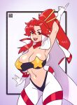  1girl absurdres arm_up artist_name blush breasts brown_eyes cleavage eyebrows_visible_through_hair gloves highres index_finger_raised large_breasts lips long_hair looking_at_viewer open_mouth ponytail red_hair riz sidelocks smile solo teeth tengen_toppa_gurren_lagann upper_teeth white_gloves yoko_littner 