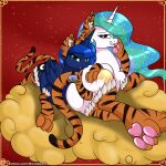  1:1 animal_print bedroom_eyes blue_body butt chinese_zodiac dock equid equine fake_ears fake_tail fangs female friendship_is_magic hair hasbro hi_res horn long_hair looking_at_viewer looking_back lying mammal my_little_pony narrowed_eyes novaspark paws princess_celestia_(mlp) princess_luna_(mlp) seductive sibling sister sisters tiger_print white_body winged_unicorn wings year_of_the_tiger 