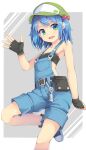  1girl :d alternate_costume bandeau bare_shoulders black_gloves blue_eyes blue_hair cabbie_hat eyebrows_visible_through_hair fingerless_gloves flat_chest gloves hair_bobbles hair_ornament hat highres kawashiro_nitori looking_at_viewer open_mouth overalls short_hair shorts simple_background smile solo touhou two_side_up uumaru v-shaped_eyebrows white_background 