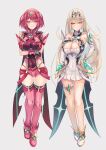  2girls bangs bare_legs bare_shoulders black_gloves blonde_hair breasts chest_jewel cleavage cleavage_cutout clothing_cutout dress earrings elbow_gloves fingerless_gloves gloves inoue_takuya_(tactactak) jewelry large_breasts long_hair multiple_girls mythra_(xenoblade) pyra_(xenoblade) red_eyes red_hair red_legwear red_shorts short_dress short_hair short_shorts shorts swept_bangs thigh_strap thighhighs tiara very_long_hair white_dress white_footwear white_gloves xenoblade_chronicles_(series) xenoblade_chronicles_2 yellow_eyes 