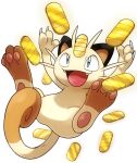  2012 ambiguous_gender blue_eyes claws digital_media_(artwork) fangs feral happy kure1001 looking_at_another meowth nintendo open_mouth pawpads pok&eacute;mon pok&eacute;mon_(species) simple_background solo tongue video_games 