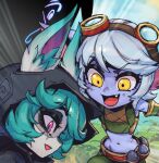  2girls :d bangs black_hoodie brown_pants brown_shirt detached_sleeves explosive fang goggles goggles_on_head green_hair grenade grey_hair hood hood_up hoodie league_of_legends multiple_girls navel open_mouth pants phantom_ix_row pink_eyes shiny shiny_hair shirt smile stomach tristana vex_(league_of_legends) yellow_eyes yordle 