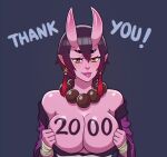  1girl black_hair breasts brown_eyes cleavage closed_mouth colored_skin eyebrows fang fang_out highres horns large_breasts lips looking_at_viewer milestone_celebration mole mole_under_eye oni oni_horns original pink_skin pointy_ears purple_lips riz short_hair solo thick_eyebrows tongue tongue_out upper_body 