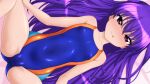  1girl absurdres blue_swimsuit cameltoe collarbone commentary_request competition_swimsuit covered_navel cowboy_shot flat_chest from_above highres long_hair looking_at_viewer one-piece_swimsuit original purple_eyes purple_hair solo spread_legs sugimura_tomokazu swimsuit 